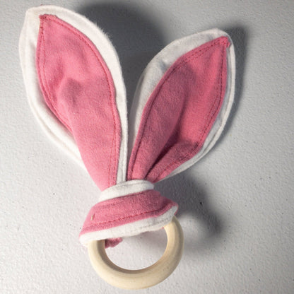 Bunny Ear Baby Teething Ring – Pink & White Fabric with Wooden Ring - Mary Jo Fabrics