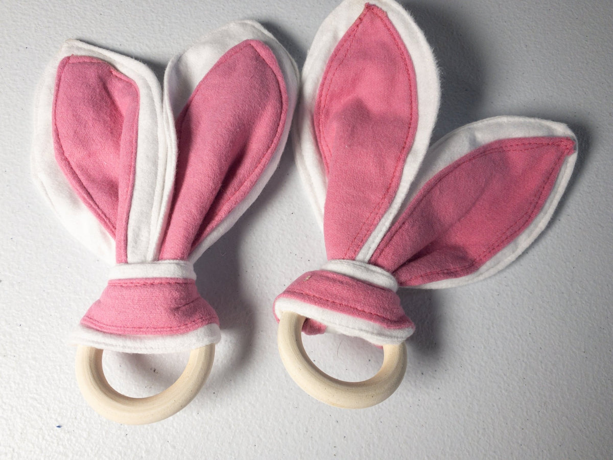 Bunny Ear Baby Teething Ring – Pink & White Fabric with Wooden Ring - Mary Jo Fabrics