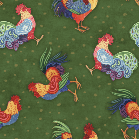 Calico Red Rooster Fabric 2035 - 0591 Green Chicken - Mary Jo Fabrics