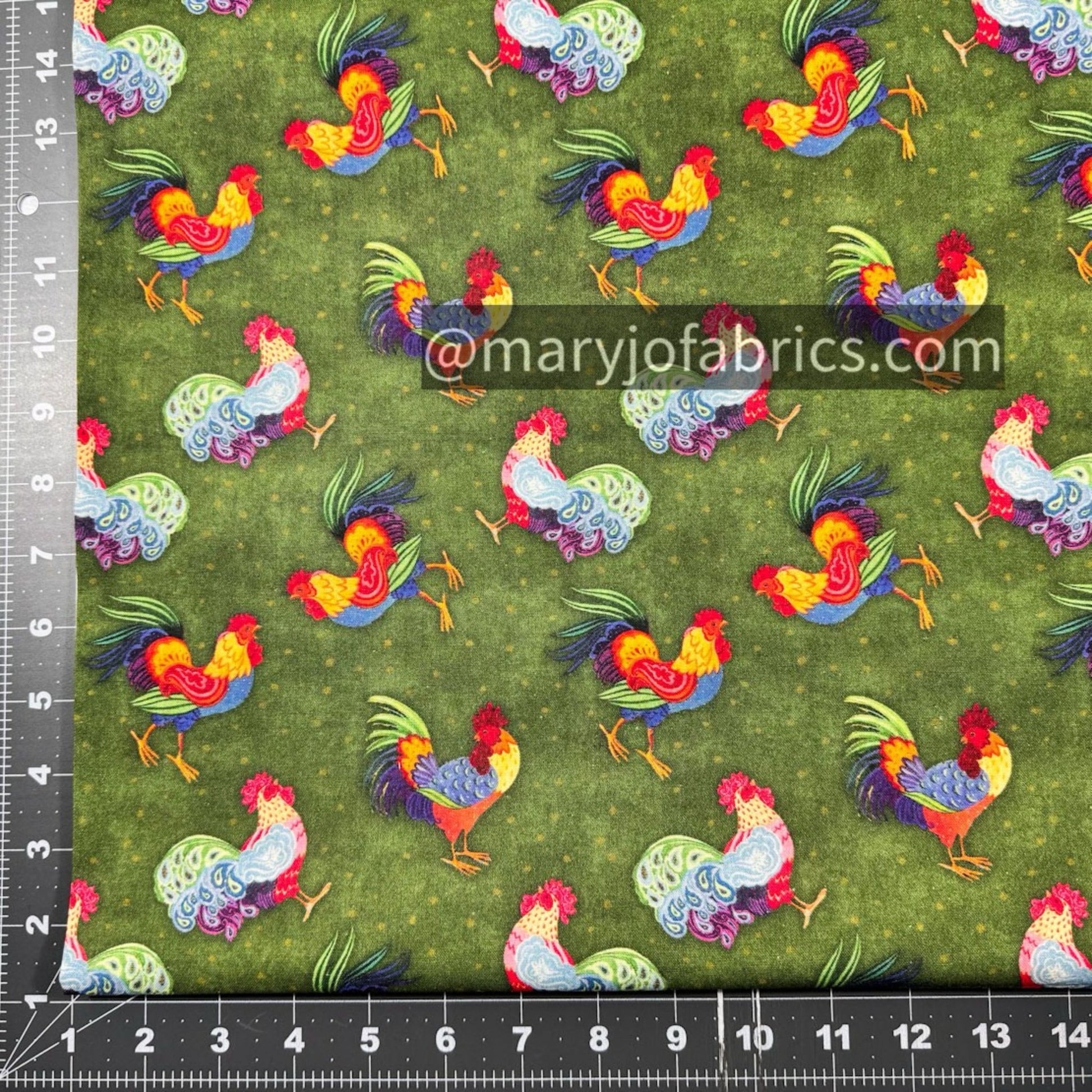 Calico Red Rooster Fabric 2035 - 0591 Green Chicken - Mary Jo Fabrics