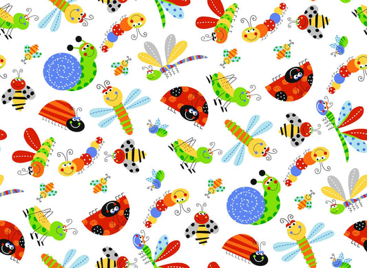 Caterpillar Lady Bug FLANNEL 446341 White Flannel - Mary Jo Fabrics