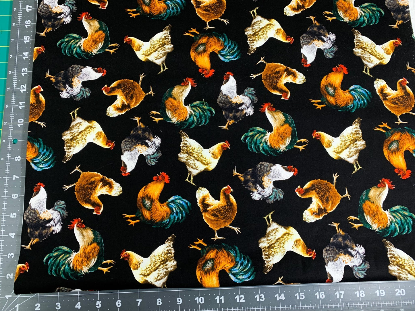 Chicken fabric on black cotton C8339 Chickens cotton fabric - Mary Jo Fabrics