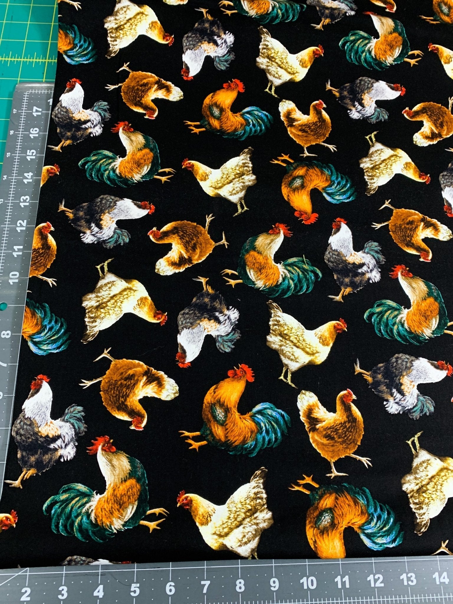 Chicken fabric on black cotton C8339 Chickens cotton fabric - Mary Jo Fabrics