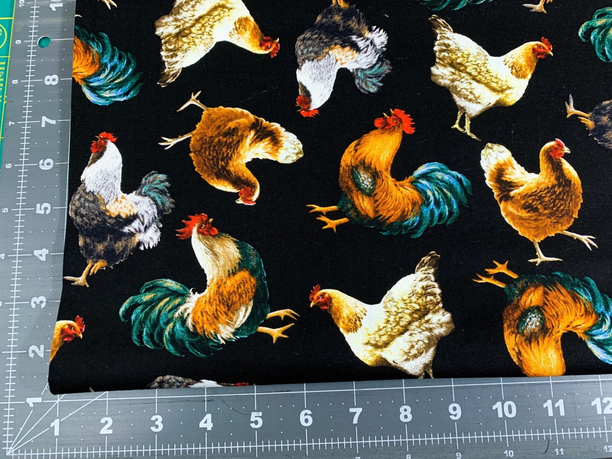 Chicken fabric on black cotton C8339 Chickens cotton fabric - Mary Jo Fabrics