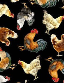 Chicken fabric on black cotton C8339 Chickens cotton fabric - Mary Jo Fabrics