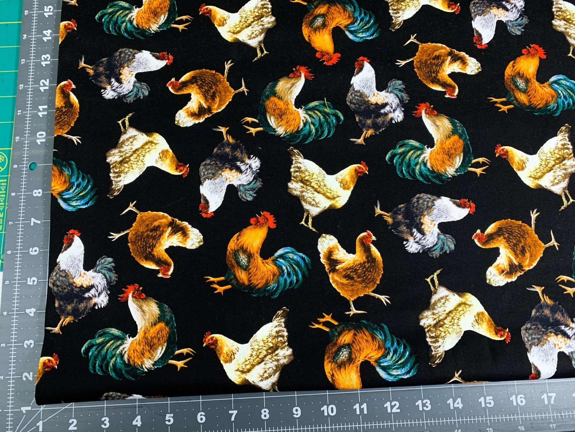 Chicken fabric on black cotton C8339 Chickens cotton fabric - Mary Jo Fabrics