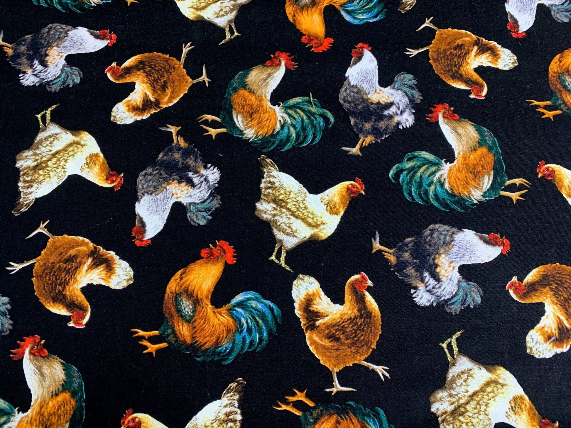 Chicken fabric on black cotton C8339 Chickens cotton fabric - Mary Jo Fabrics