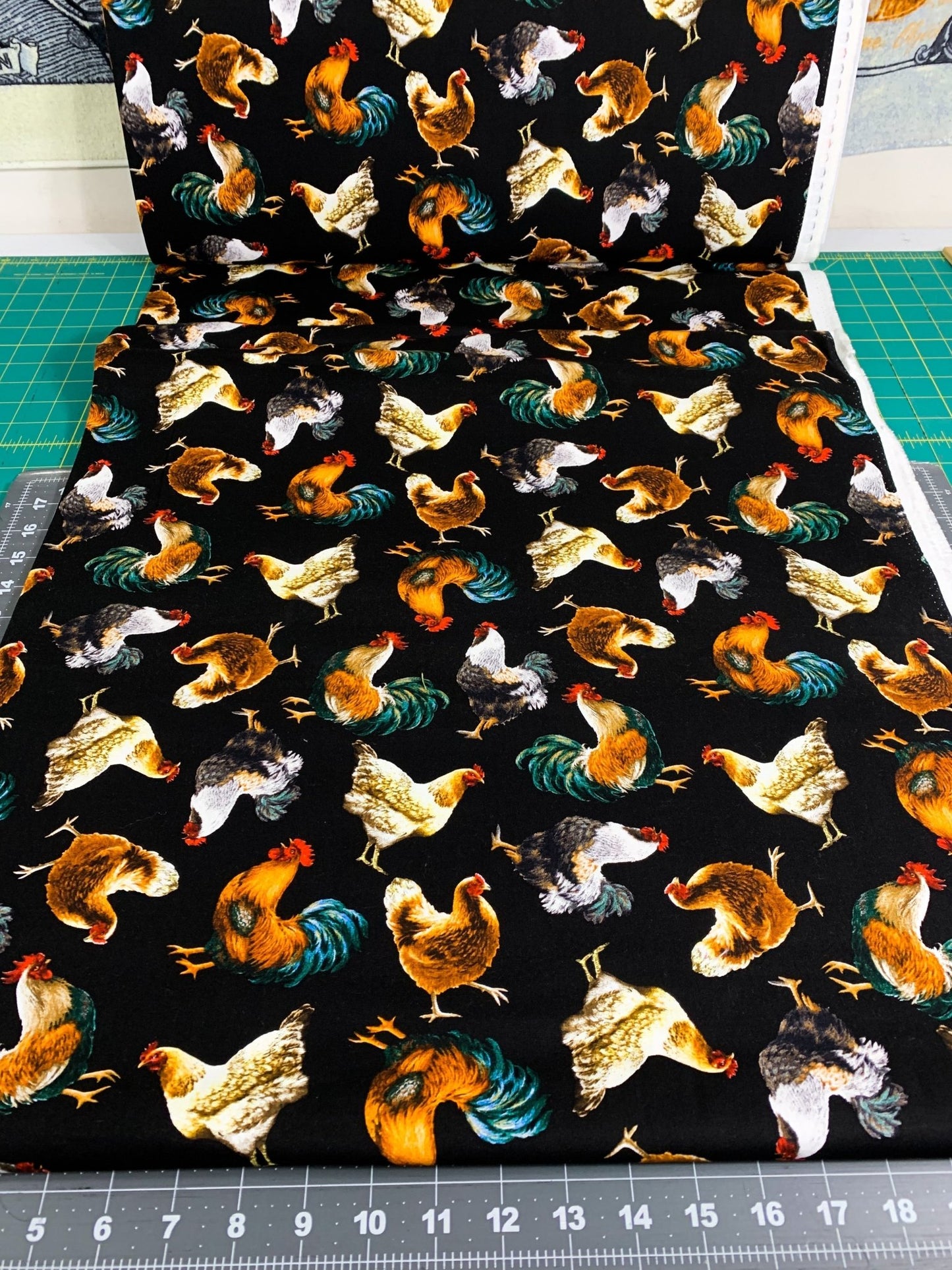 Chicken fabric on black cotton C8339 Chickens cotton fabric - Mary Jo Fabrics