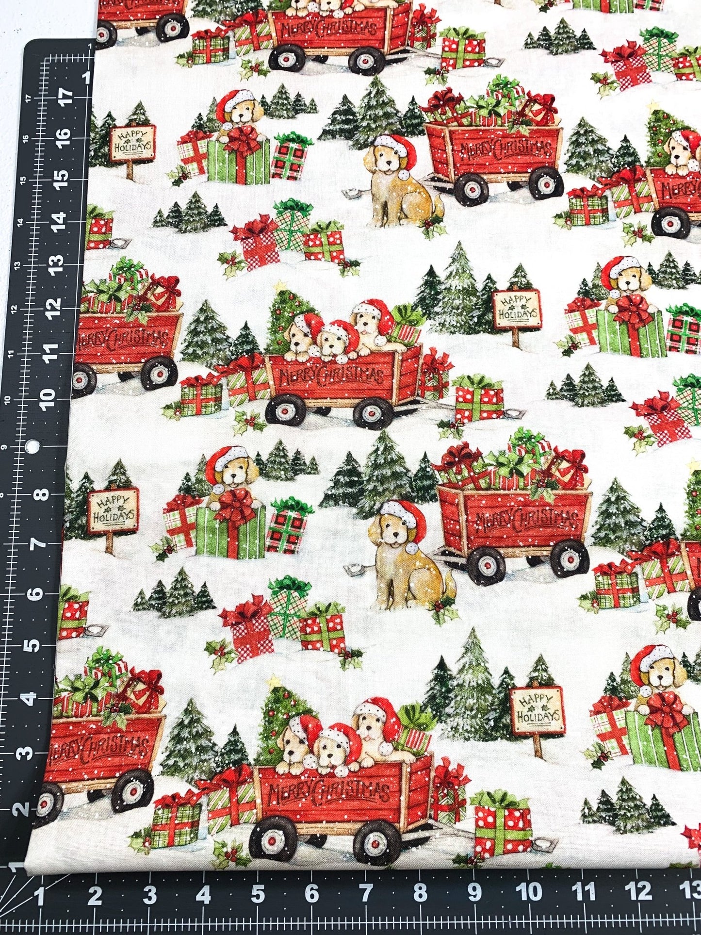 Christmas puppies fabric Santa hat wearing pups - Mary Jo Fabrics