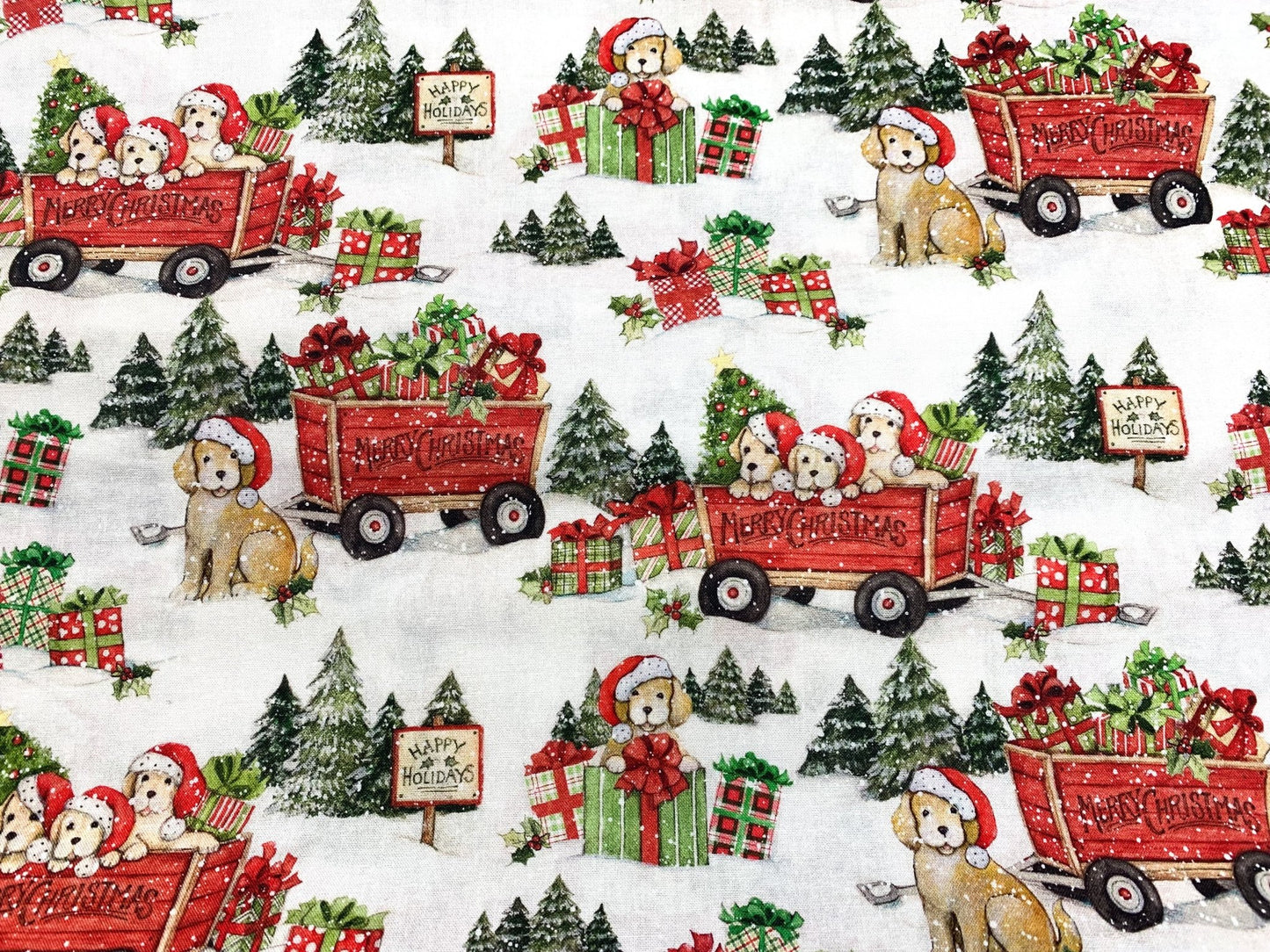 Christmas puppies fabric Santa hat wearing pups - Mary Jo Fabrics