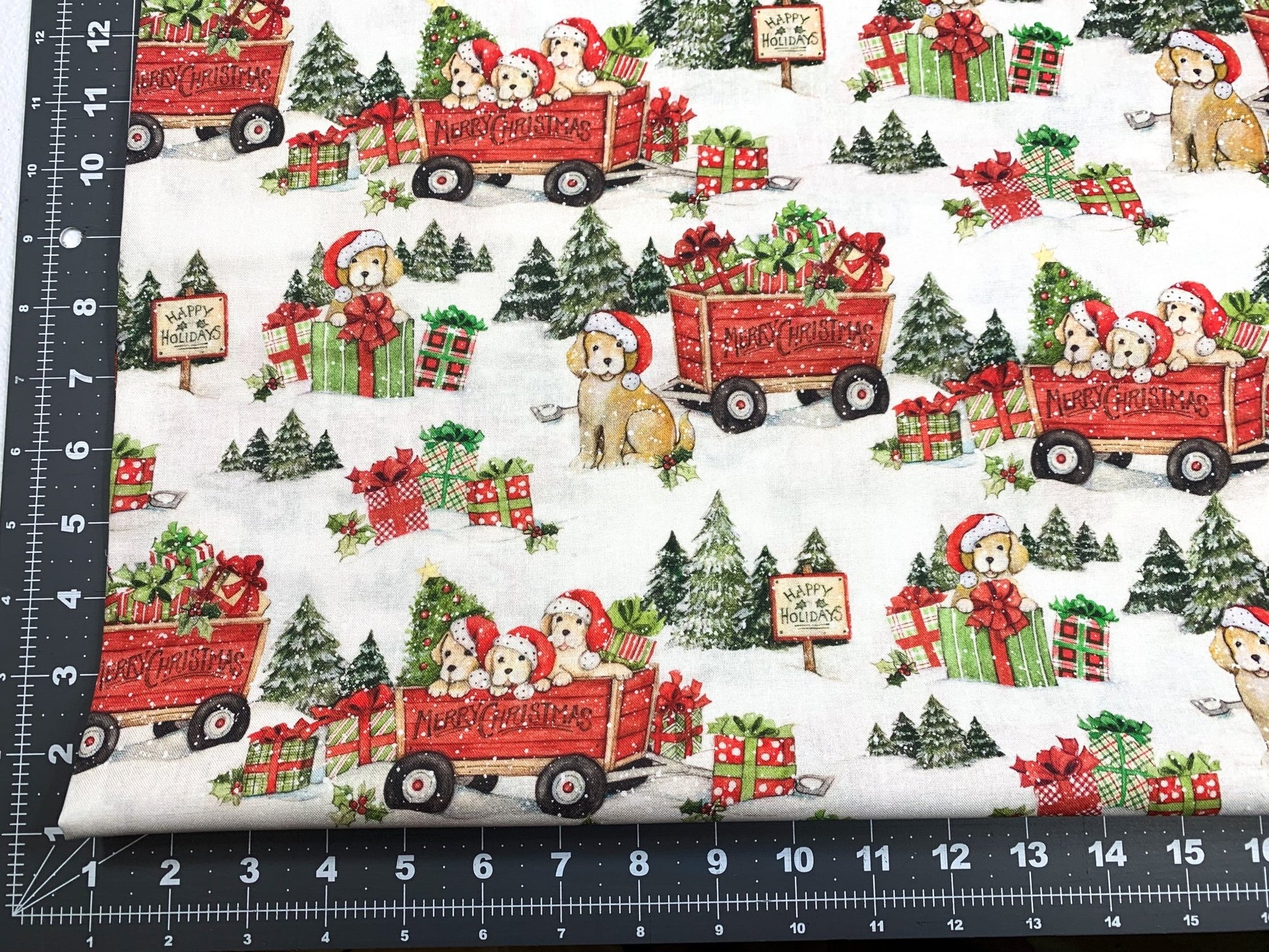 Christmas puppies fabric Santa hat wearing pups - Mary Jo Fabrics