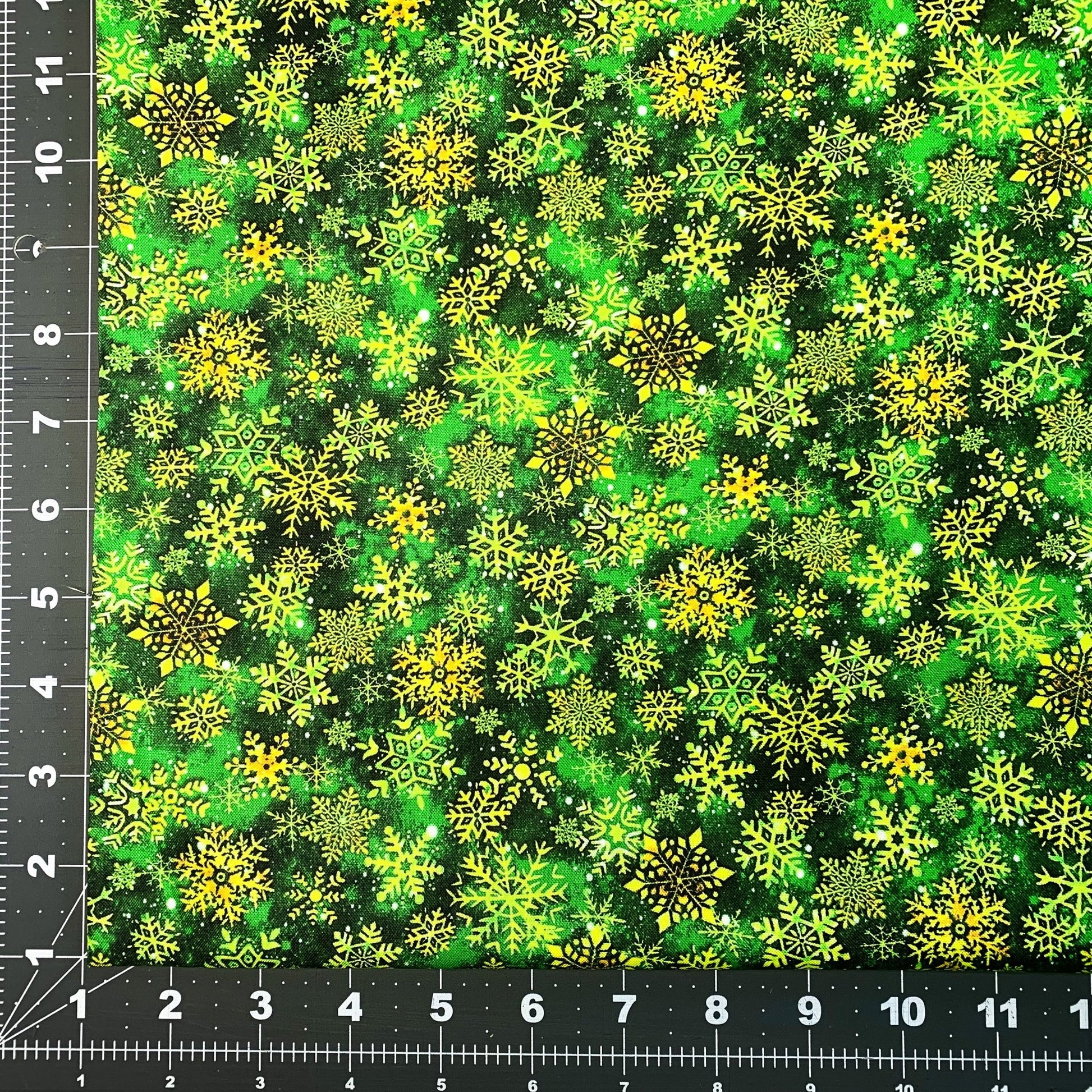 Christmas Snowflake fabric 59-7141 Gold & Green Snowflakes - Mary Jo Fabrics