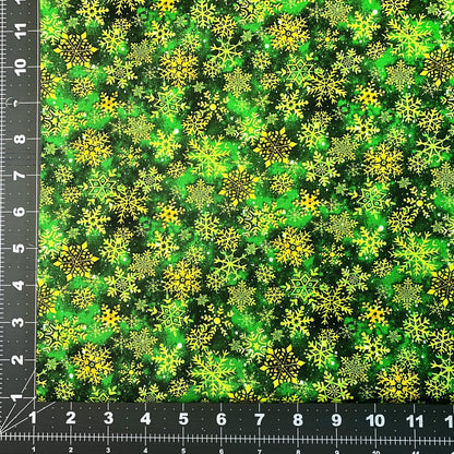 Christmas Snowflake fabric 59-7141 Gold & Green Snowflakes - Mary Jo Fabrics