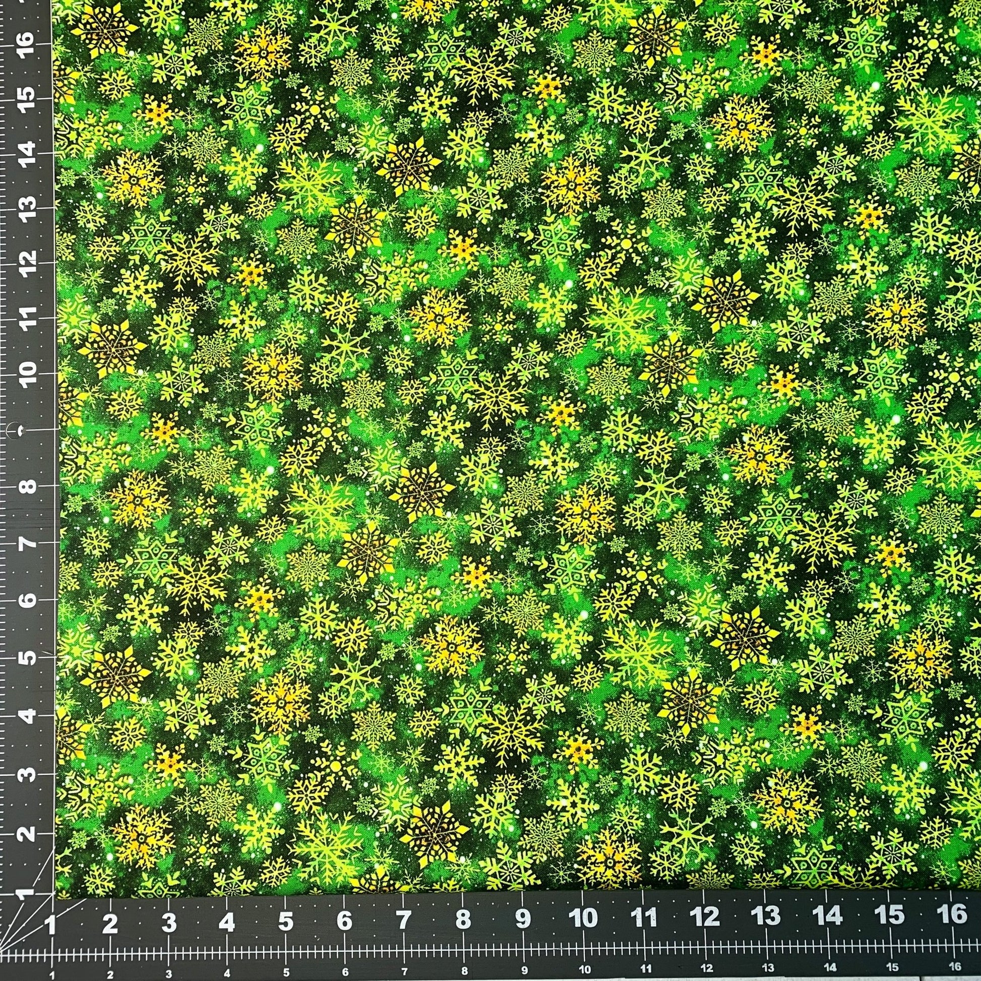 Christmas Snowflake fabric 59-7141 Gold & Green Snowflakes - Mary Jo Fabrics