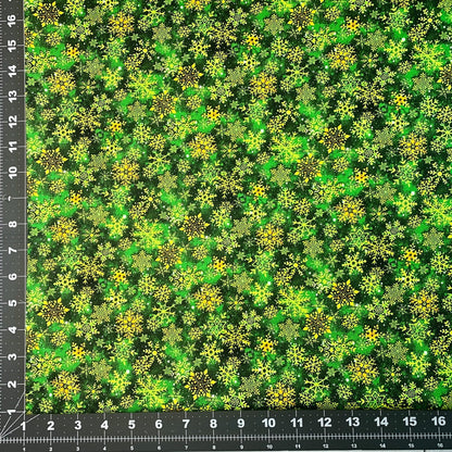 Christmas Snowflake fabric 59-7141 Gold & Green Snowflakes - Mary Jo Fabrics
