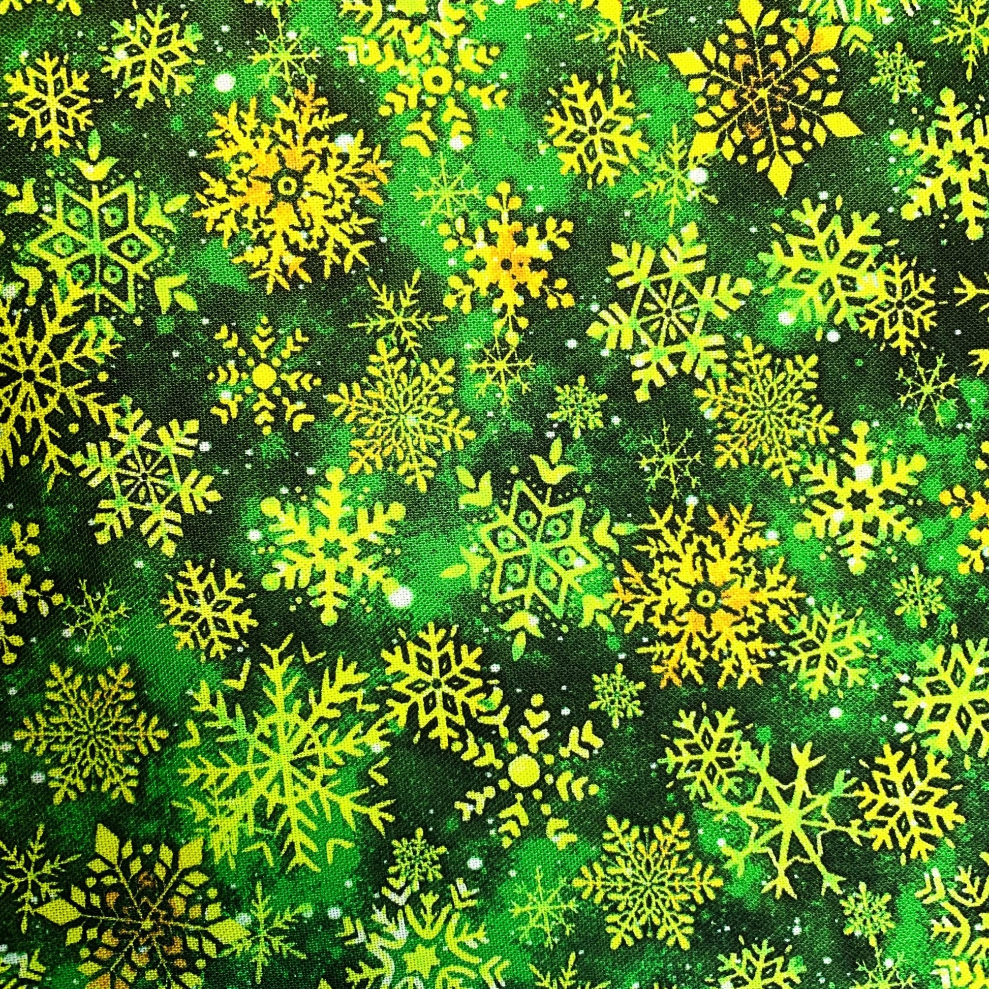 Christmas Snowflake fabric 59-7141 Gold & Green Snowflakes - Mary Jo Fabrics