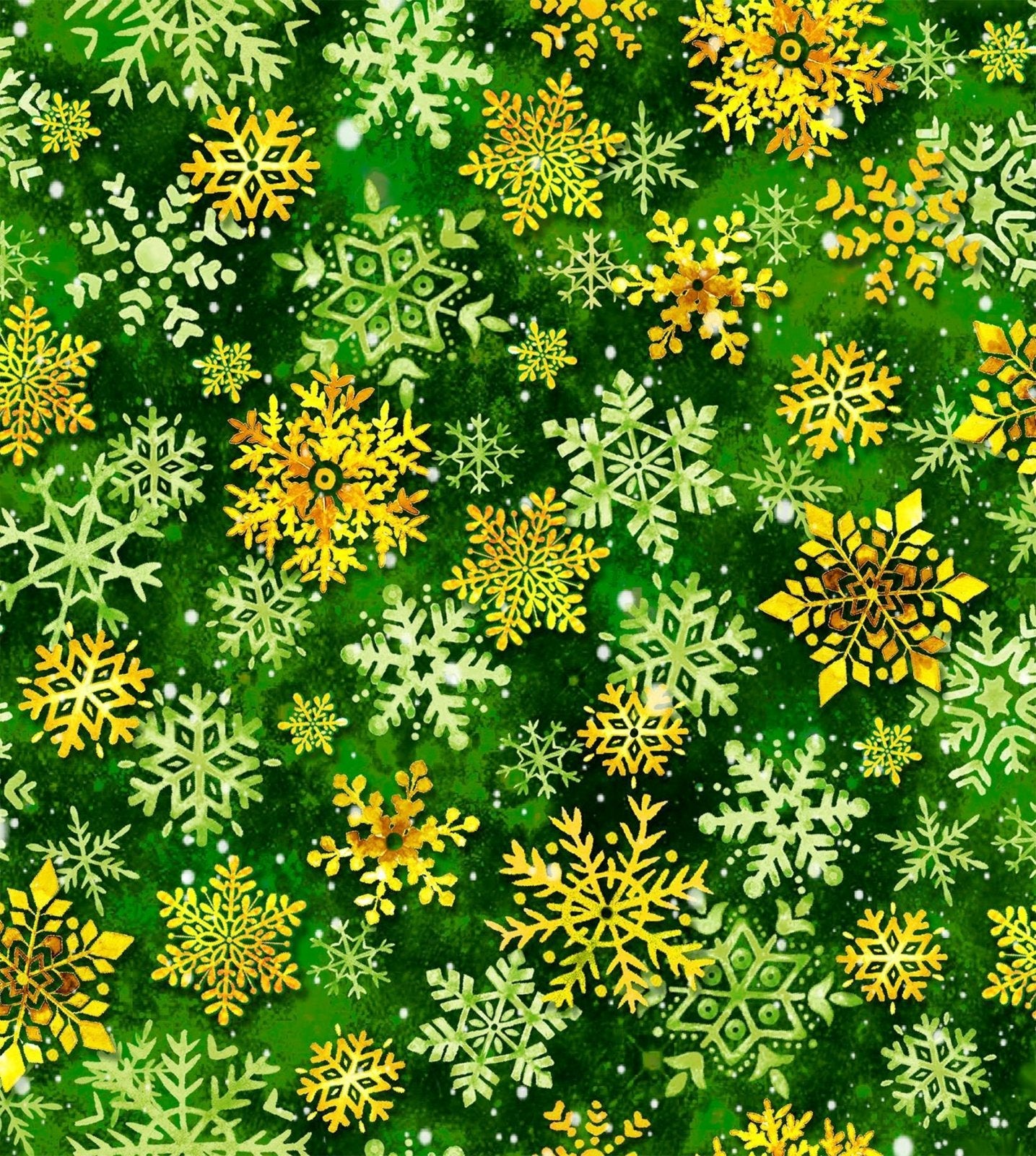 Christmas Snowflake fabric 59-7141 Gold & Green Snowflakes - Mary Jo Fabrics