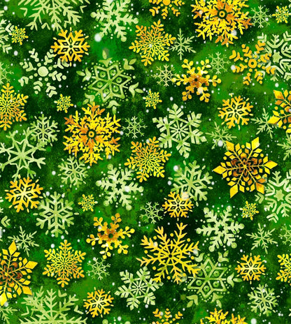 Christmas Snowflake fabric 59-7141 Gold & Green Snowflakes - Mary Jo Fabrics