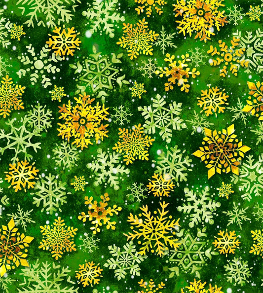 Christmas Snowflake fabric 59-7141 Gold & Green Snowflakes - Mary Jo Fabrics