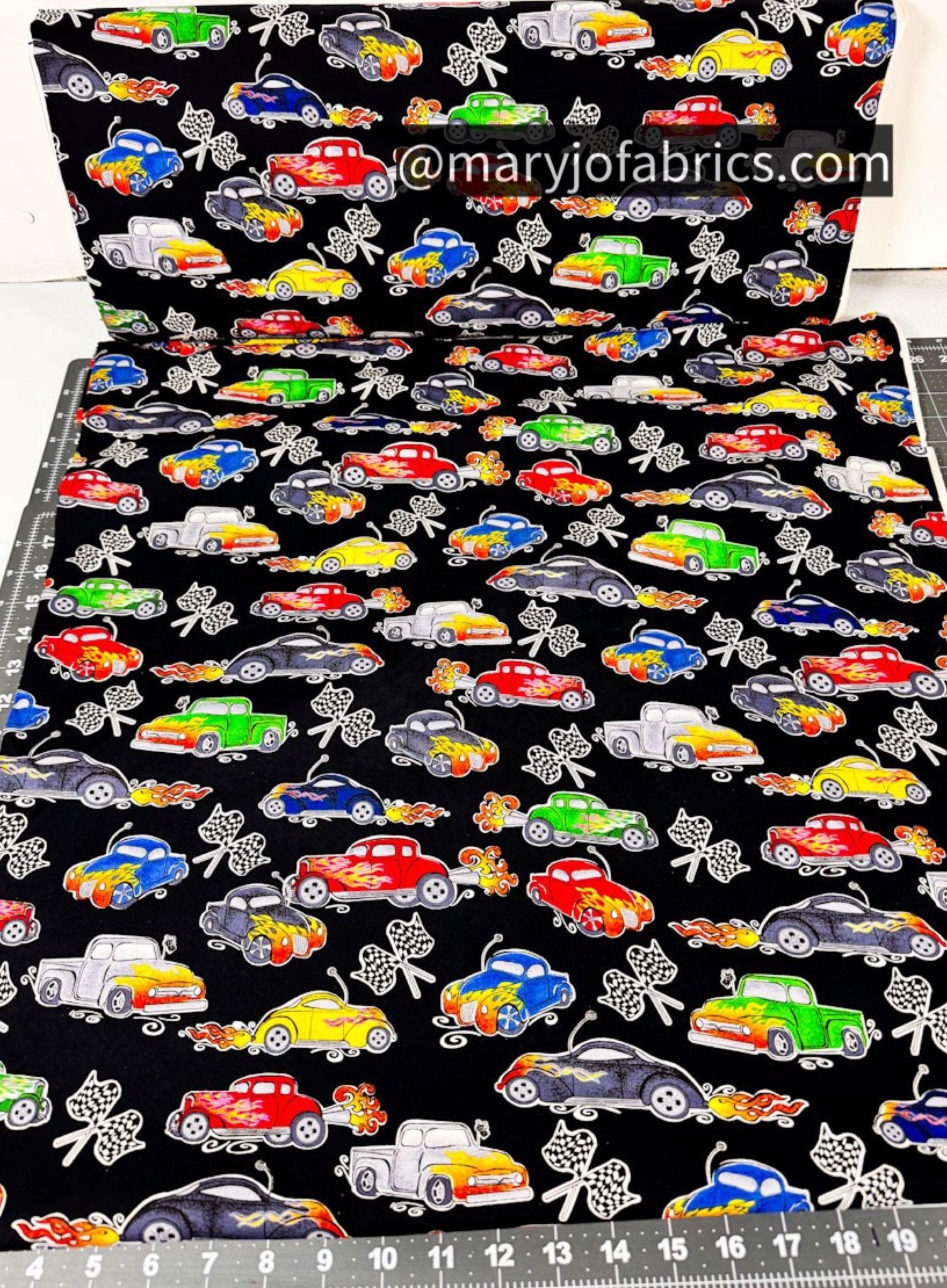 Classic Hot Rod Car Fabric w Checkered Flag - Mary Jo Fabrics