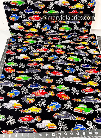 Classic Hot Rod Car Fabric w Checkered Flag - Mary Jo Fabrics