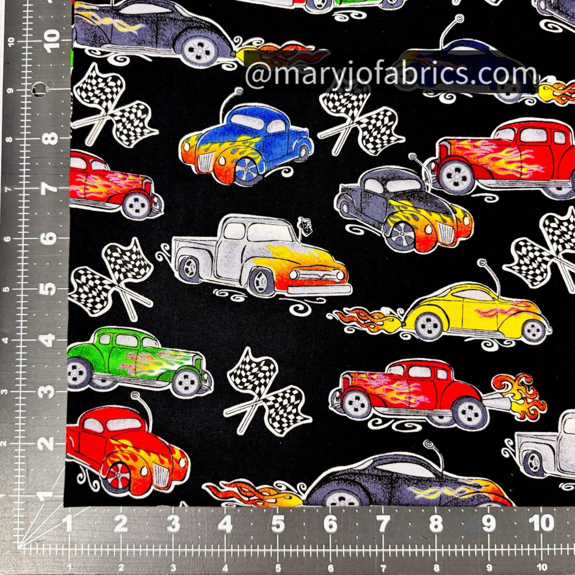 Classic Hot Rod Car Fabric w Checkered Flag - Mary Jo Fabrics