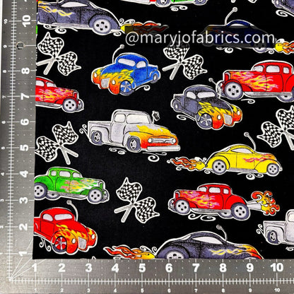 Classic Hot Rod Car Fabric w Checkered Flag - Mary Jo Fabrics