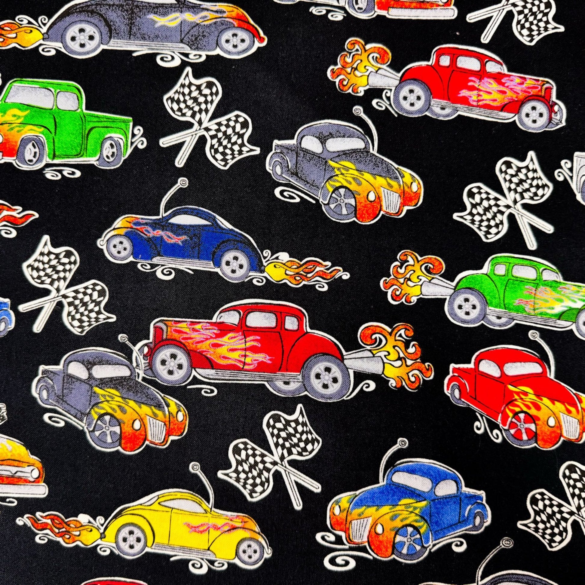 Classic Hot Rod Car Fabric w Checkered Flag - Mary Jo Fabrics