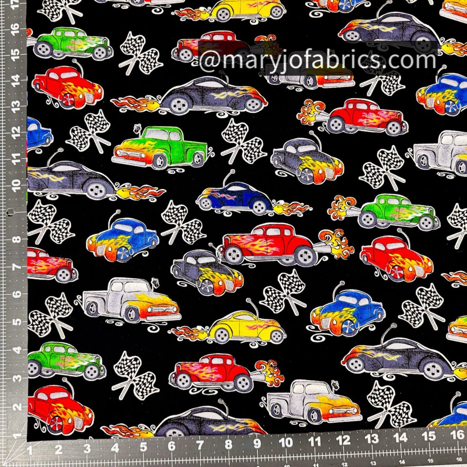 Classic Hot Rod Car Fabric w Checkered Flag - Mary Jo Fabrics