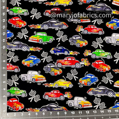 Classic Hot Rod Car Fabric w Checkered Flag - Mary Jo Fabrics