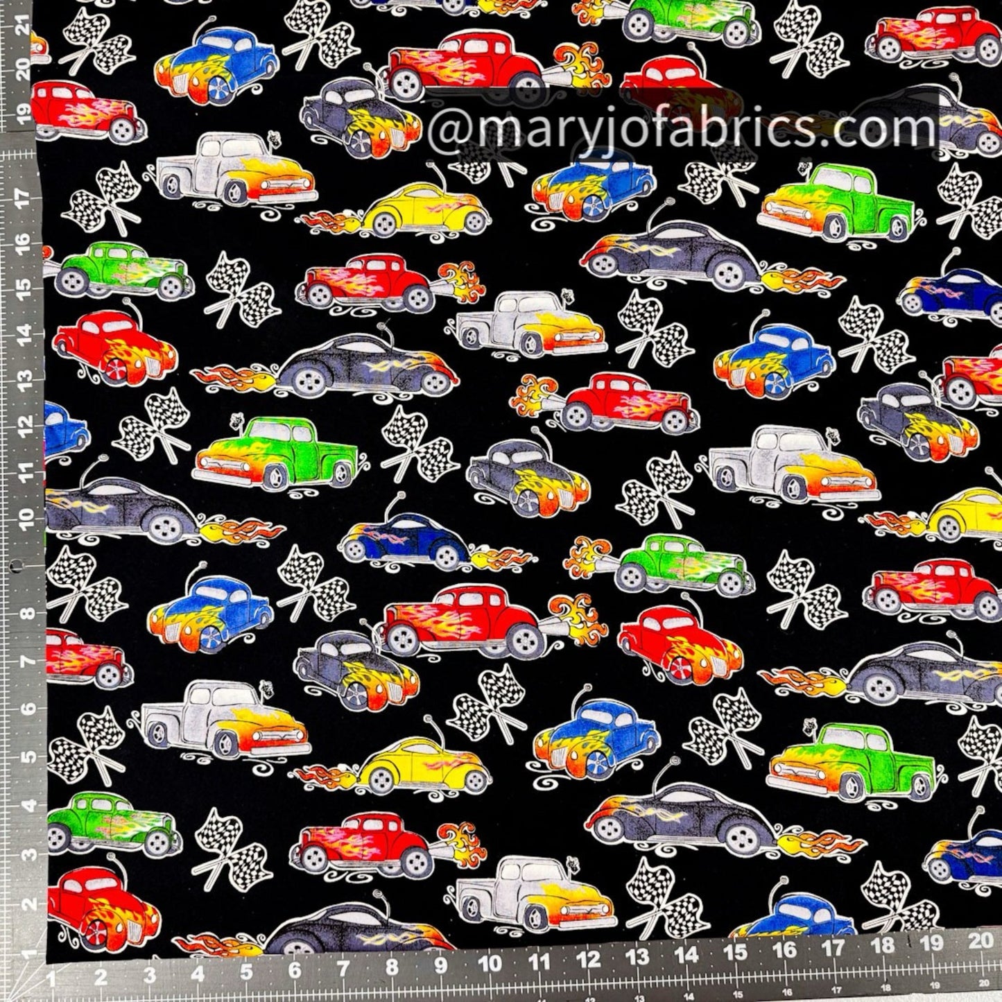 Classic Hot Rod Car Fabric w Checkered Flag - Mary Jo Fabrics