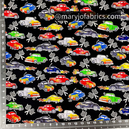 Classic Hot Rod Car Fabric w Checkered Flag - Mary Jo Fabrics