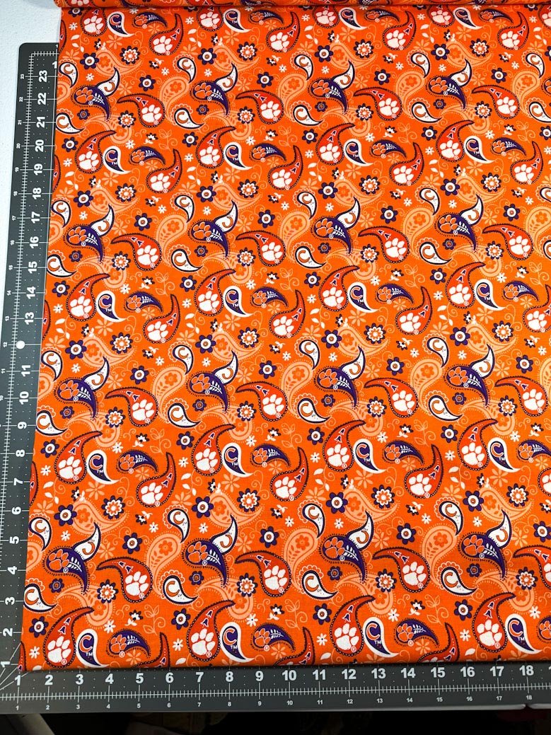 Clemson fabric CLEM1200 Orange Paisley Clemson Tiger fabric - Mary Jo Fabrics