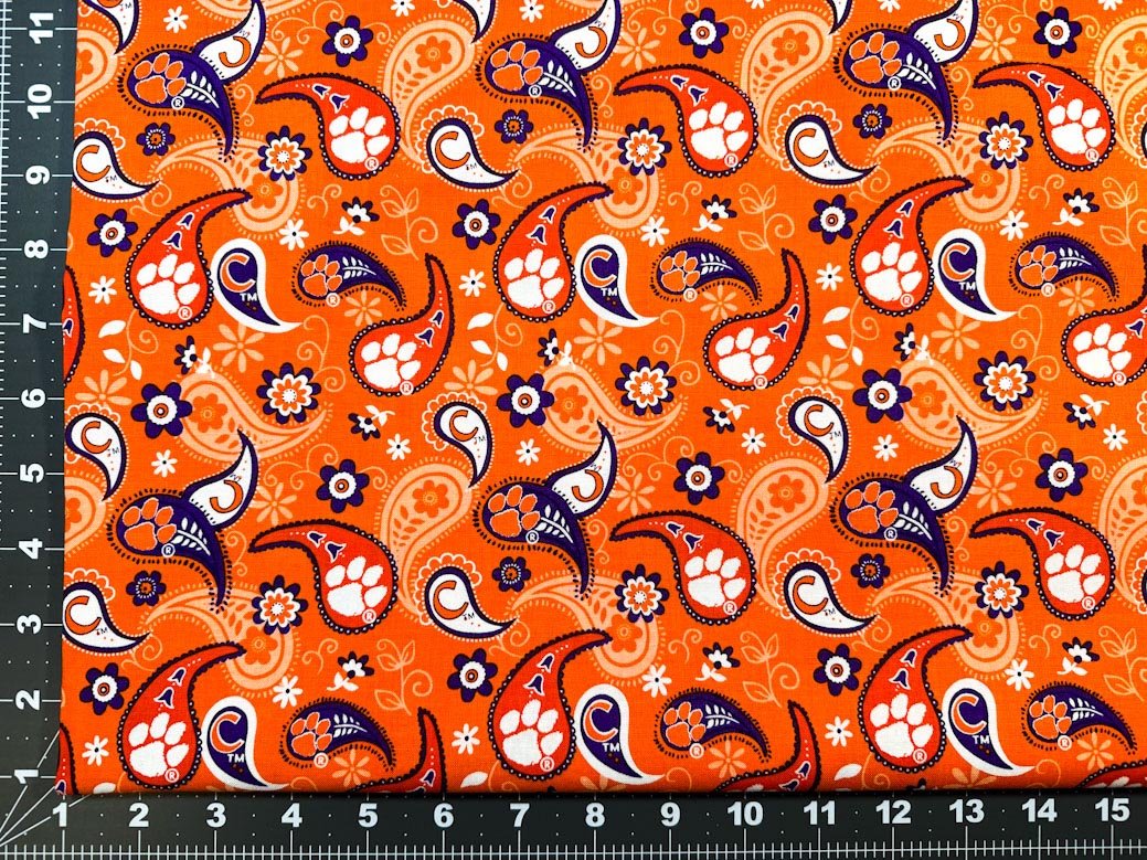 Clemson fabric CLEM1200 Orange Paisley Clemson Tiger fabric - Mary Jo Fabrics