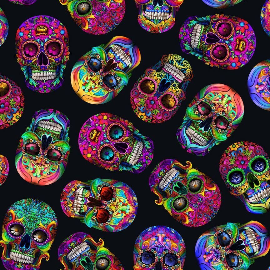Colorful Sugar Skulls Fabric CD3604 Fun Skull on Black - Mary Jo Fabrics