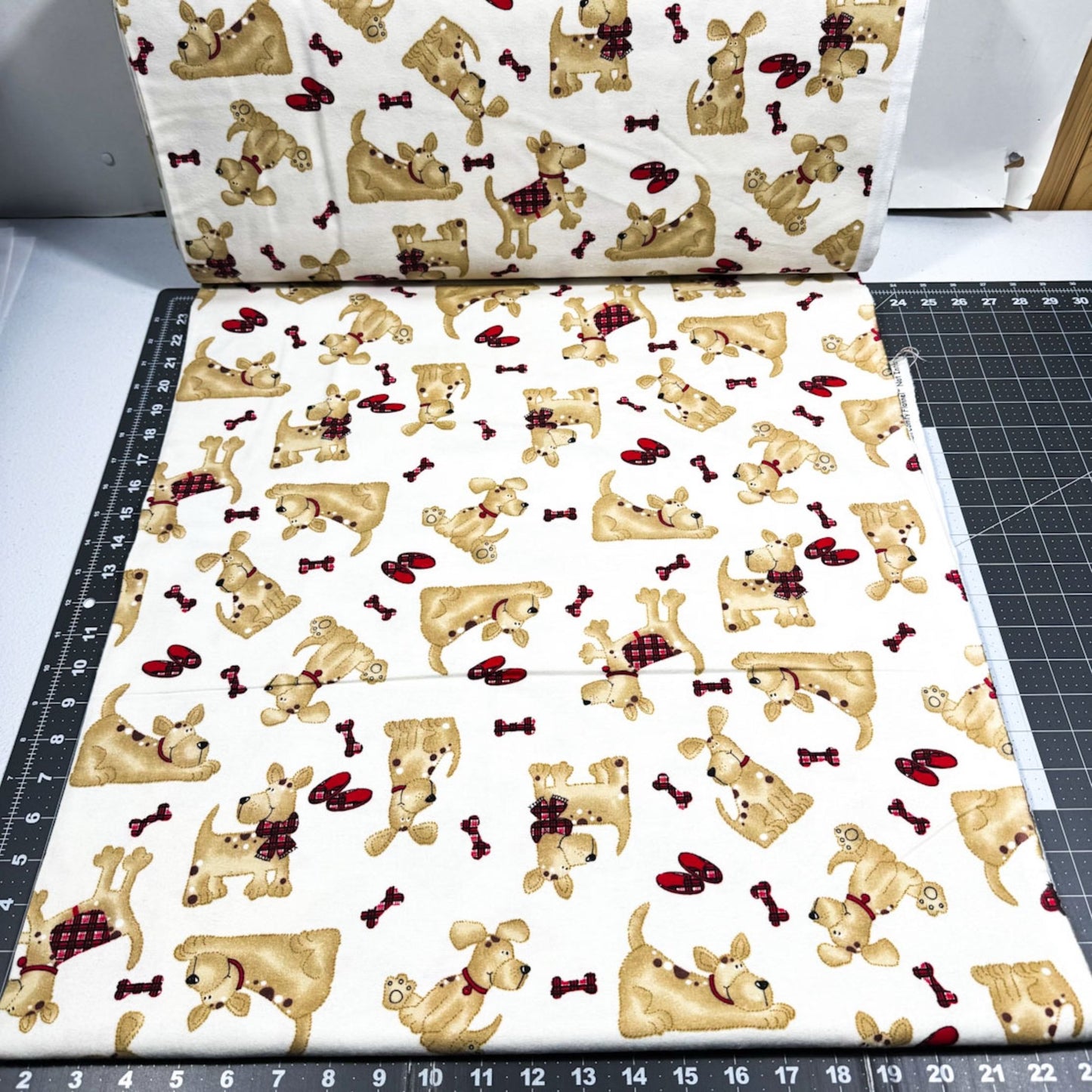 Cream Dog Flannel Fabric 9604 Dogs with Scarves - Mary Jo Fabrics