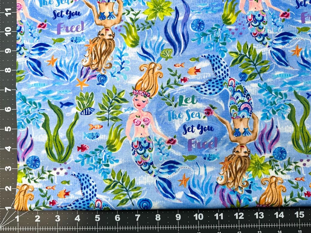 Cute Mermaid fabric 10421 in the blue sea - Mary Jo Fabrics