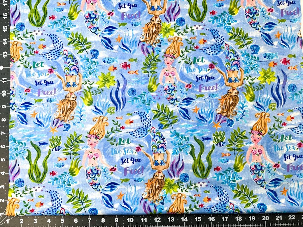 Cute Mermaid fabric 10421 in the blue sea - Mary Jo Fabrics