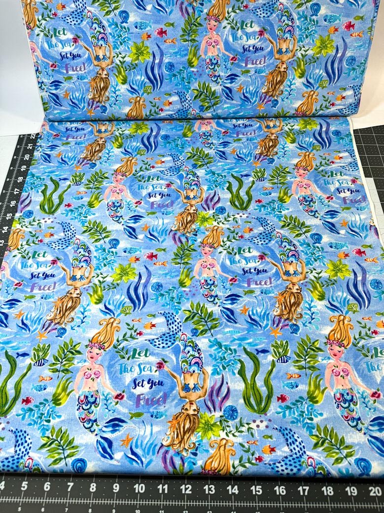 Cute Mermaid fabric 10421 in the blue sea - Mary Jo Fabrics