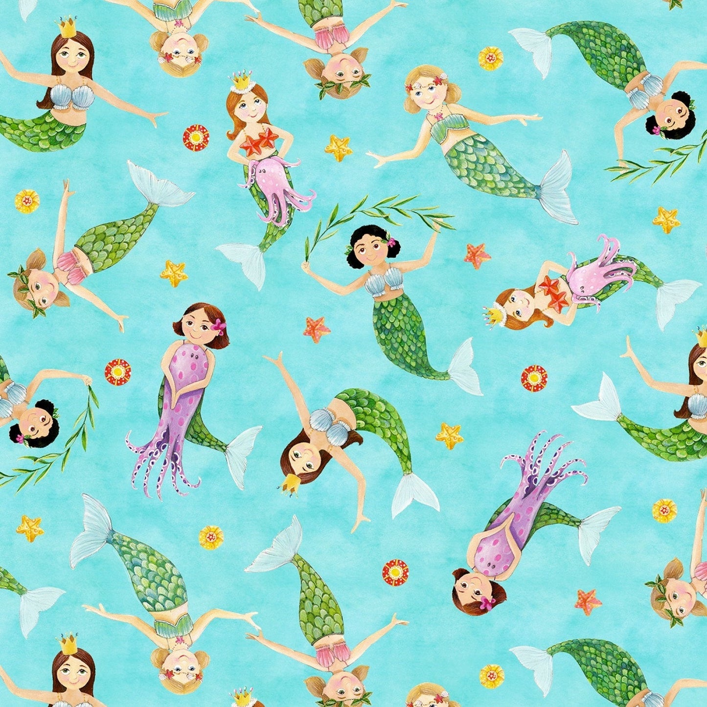 Cute Mermaid fabric 17003 Mermaids playing in the ocean fabric - Mary Jo Fabrics