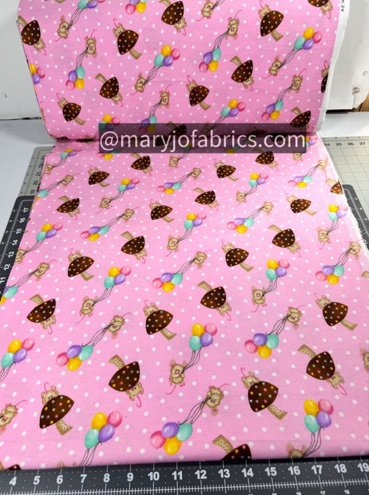 Cute Mice Balloons FLANNEL 1044-22 Pink Mushrooms - Mary Jo Fabrics