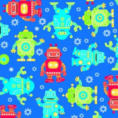 Cute Robots FLANNEL Fabric 0973 - 77 Blue Robot Cotton FLANNEL - Mary Jo Fabrics