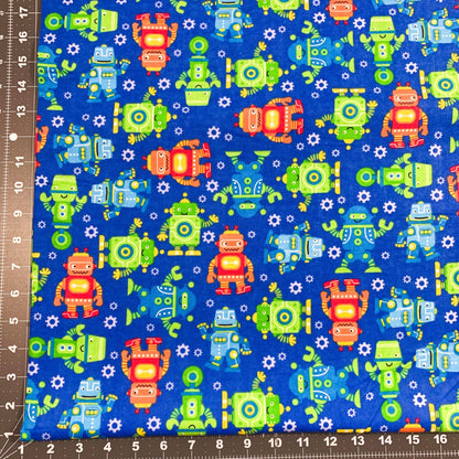 Cute Robots FLANNEL Fabric 0973 - 77 Blue Robot Cotton FLANNEL - Mary Jo Fabrics