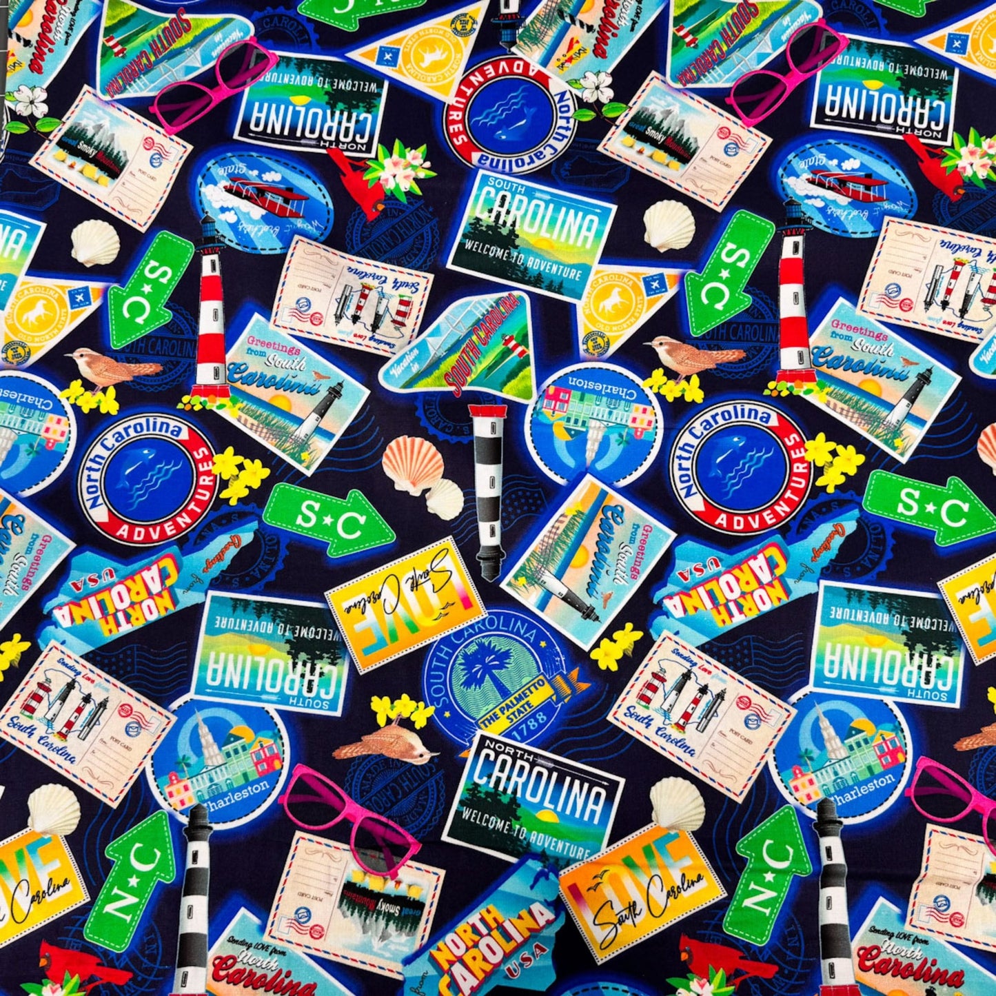 Dark Blue Carolina Cotton Fabric 1289055 Carolina Greetings - Mary Jo Fabrics