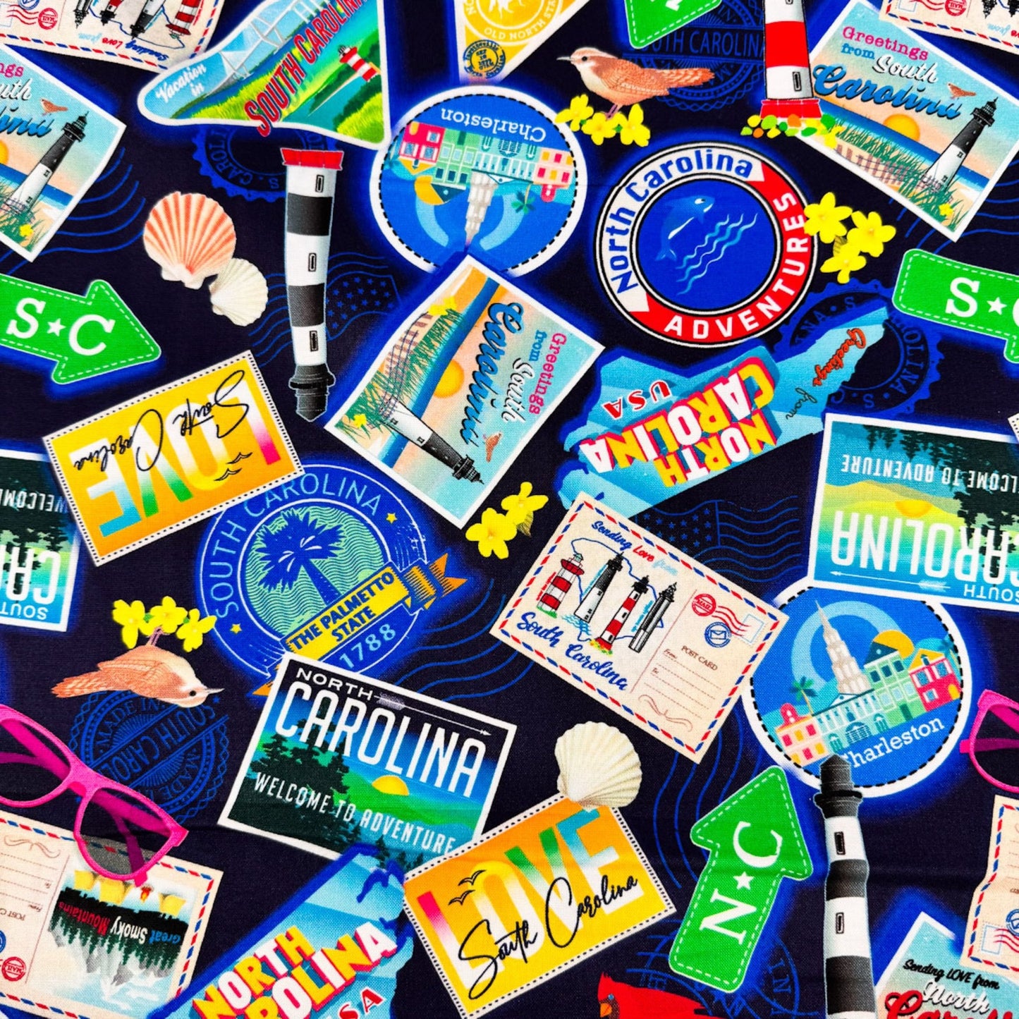 Dark Blue Carolina Cotton Fabric 1289055 Carolina Greetings - Mary Jo Fabrics