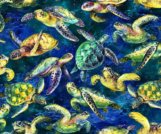 Dark Blue Sea Turtle fabric 59 - 3851 Sea cotton fabric - Mary Jo Fabrics