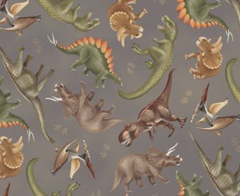 Dinosaur fabric 24152 Taupe Trail of Dinos - Mary Jo Fabrics