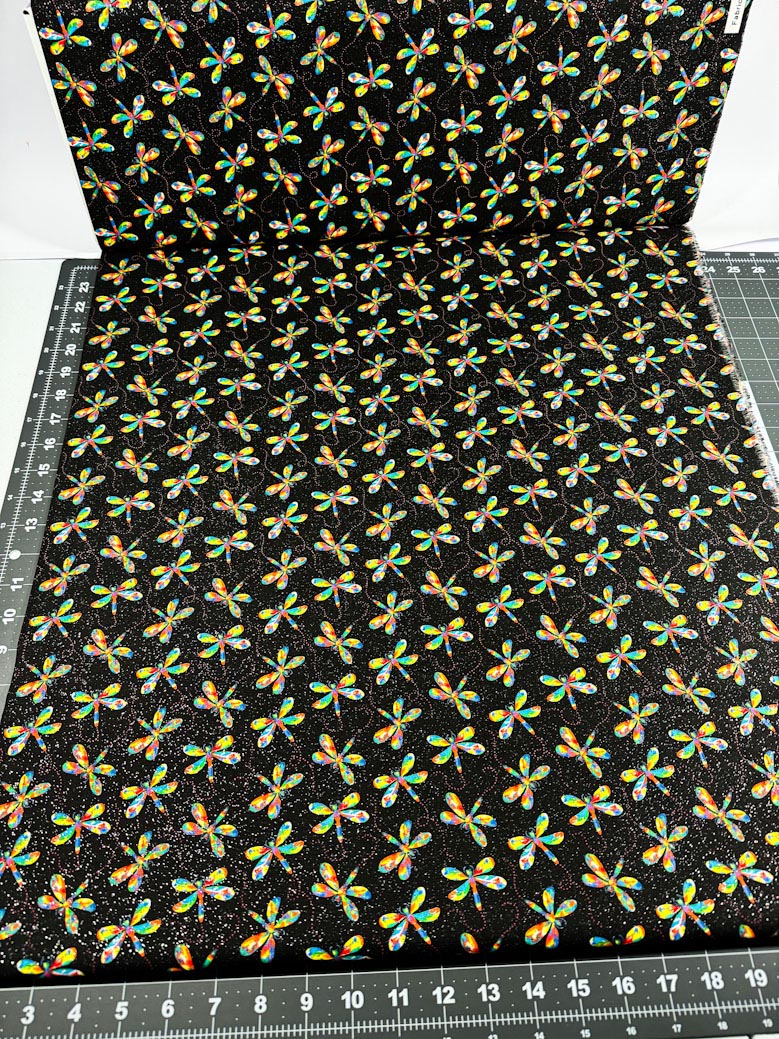 Rainbow dragonfly fabric with silver glitter