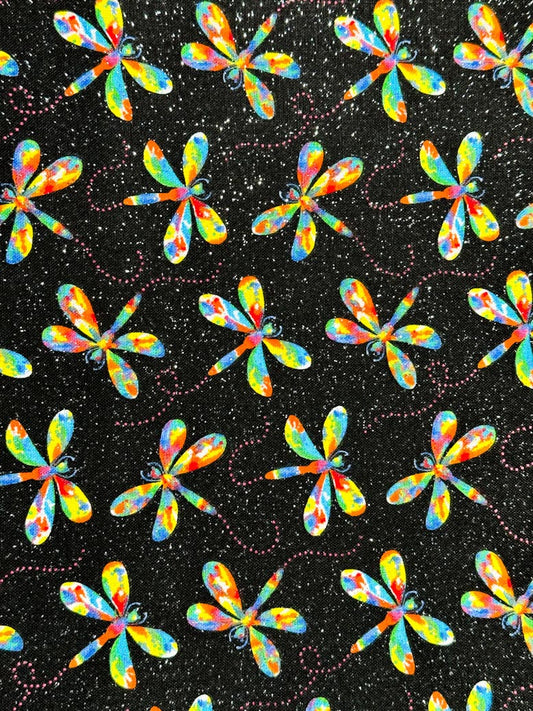 Rainbow dragonfly fabric with silver glitter
