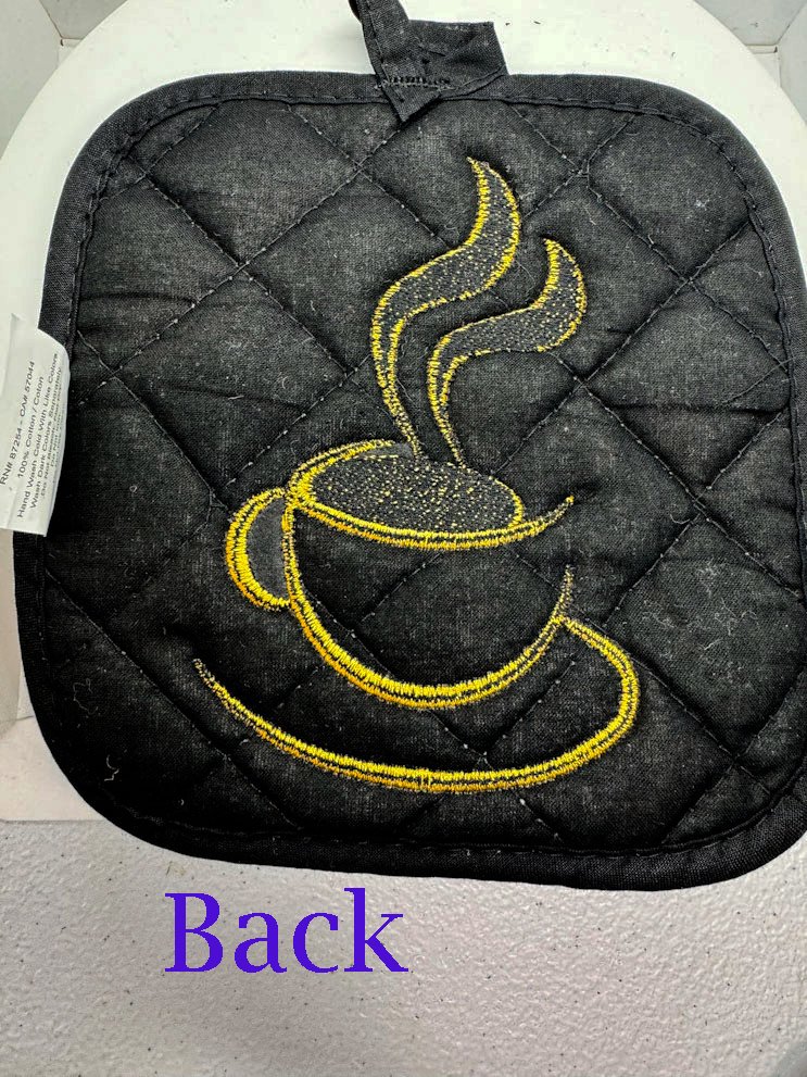 Embroidered Coffee Potholder 7 inch square potholder - Mary Jo Fabrics